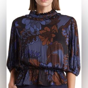 T Tahari Floral Print Ruffle Neck Peplum Crop Top Size XL